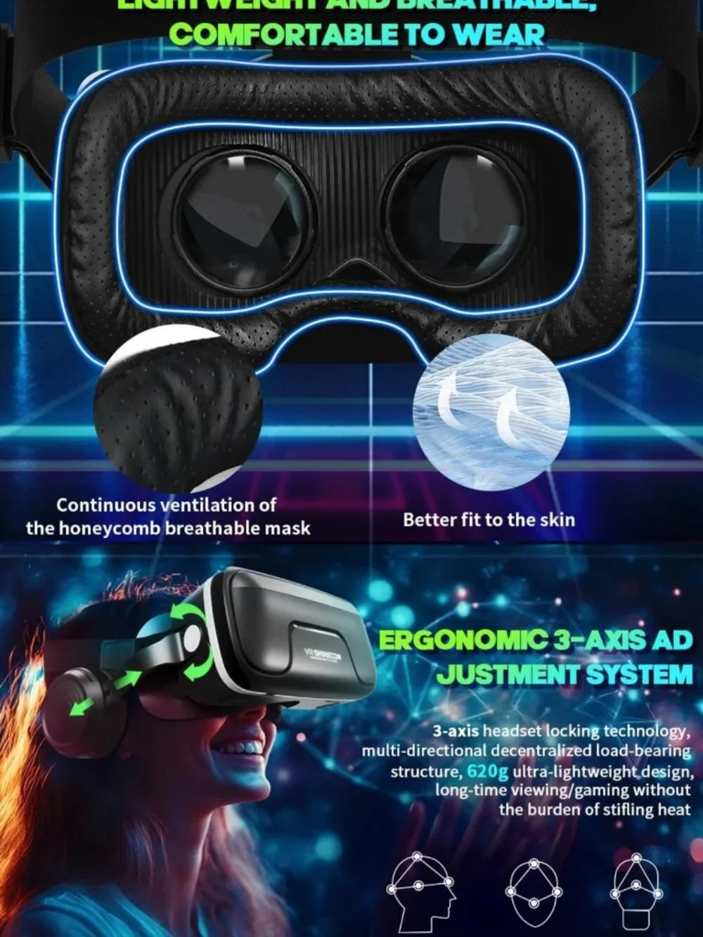 Immersive VR Headset with Built-in Headphones - 120° FOV for 3D Movies & Games
